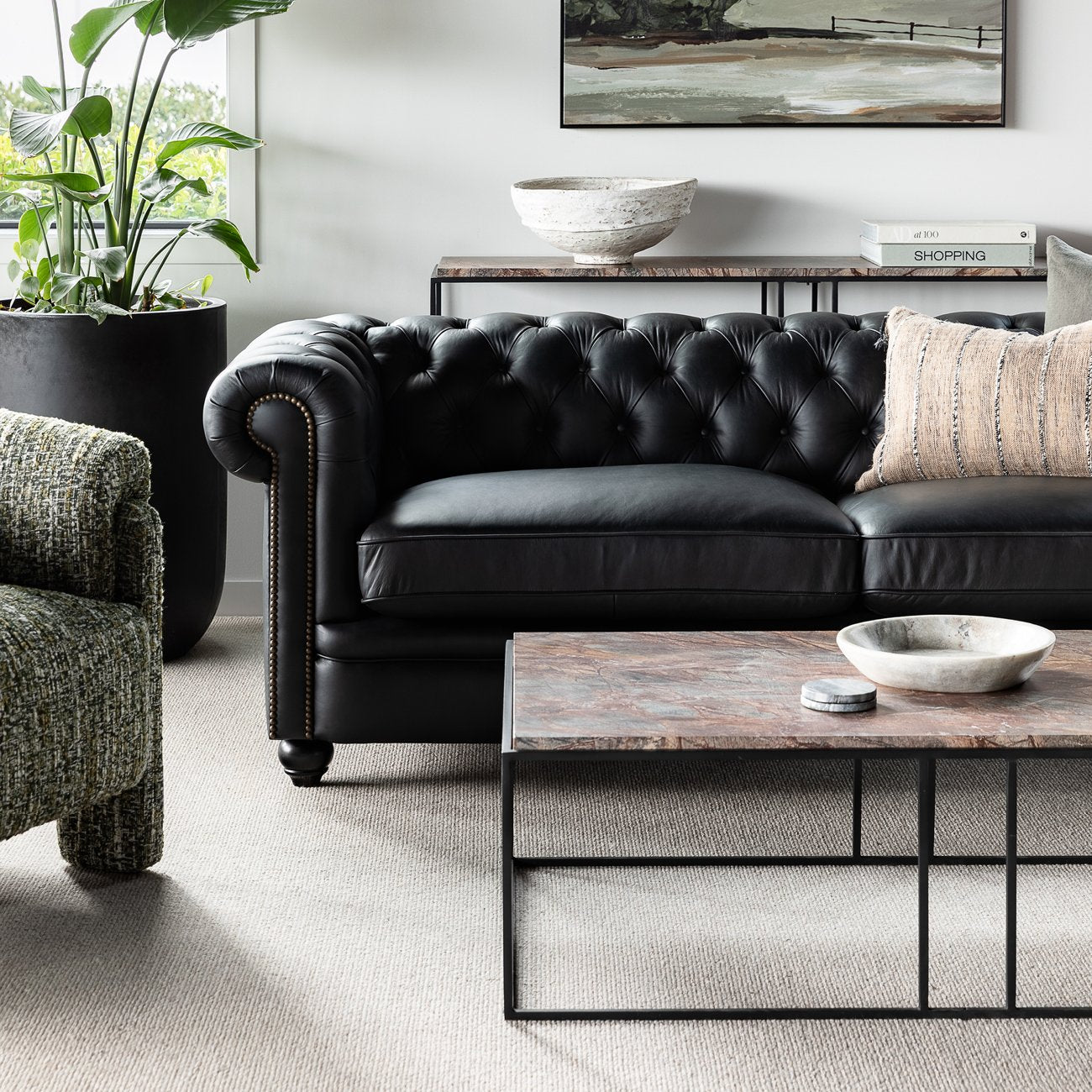 Stanford 4 Seater Chesterfield - Onyx Leather
