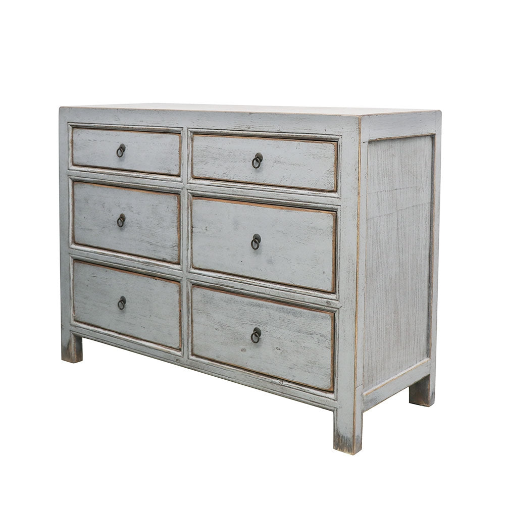 Oriental Painted Dresser 6 Drawer Vintage Grey