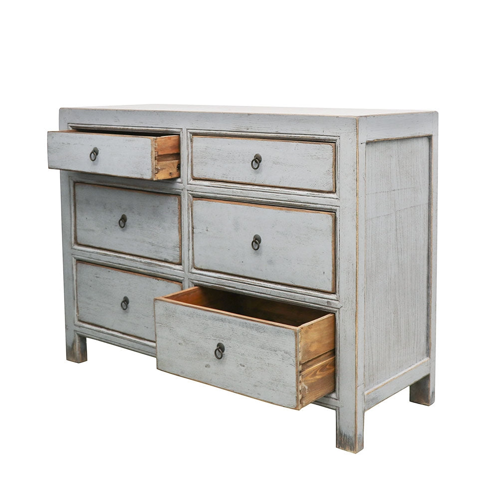 Oriental Painted Dresser 6 Drawer Vintage Grey