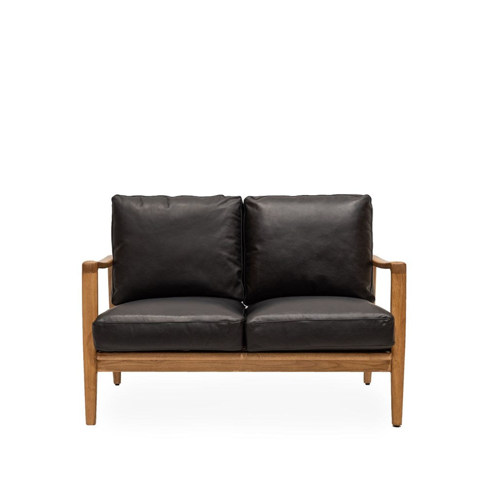 Reid 2 Seater Sofa - Black Leather - Natural Frame