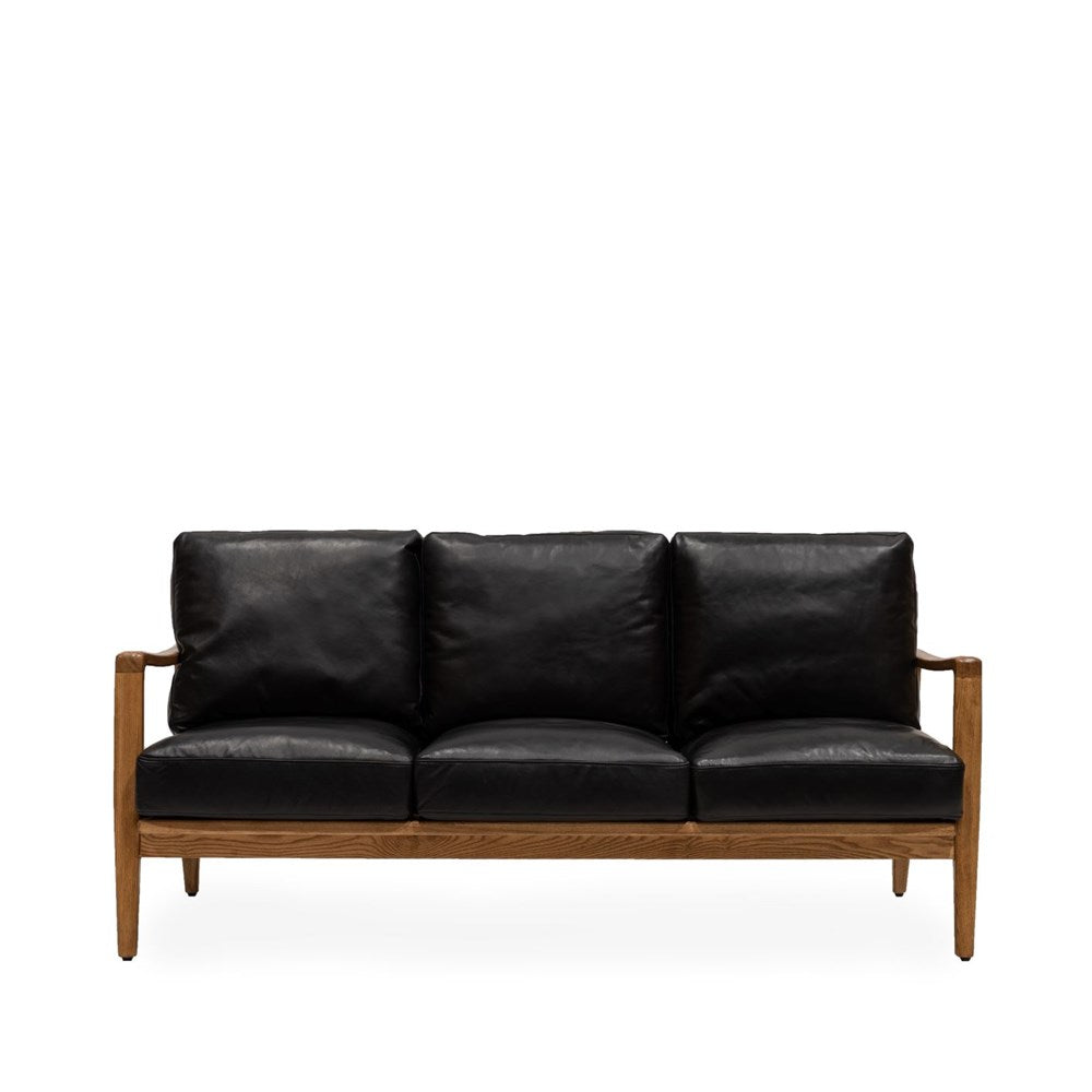 Reid 3 Seater Sofa - Black Leather, Natural Frame