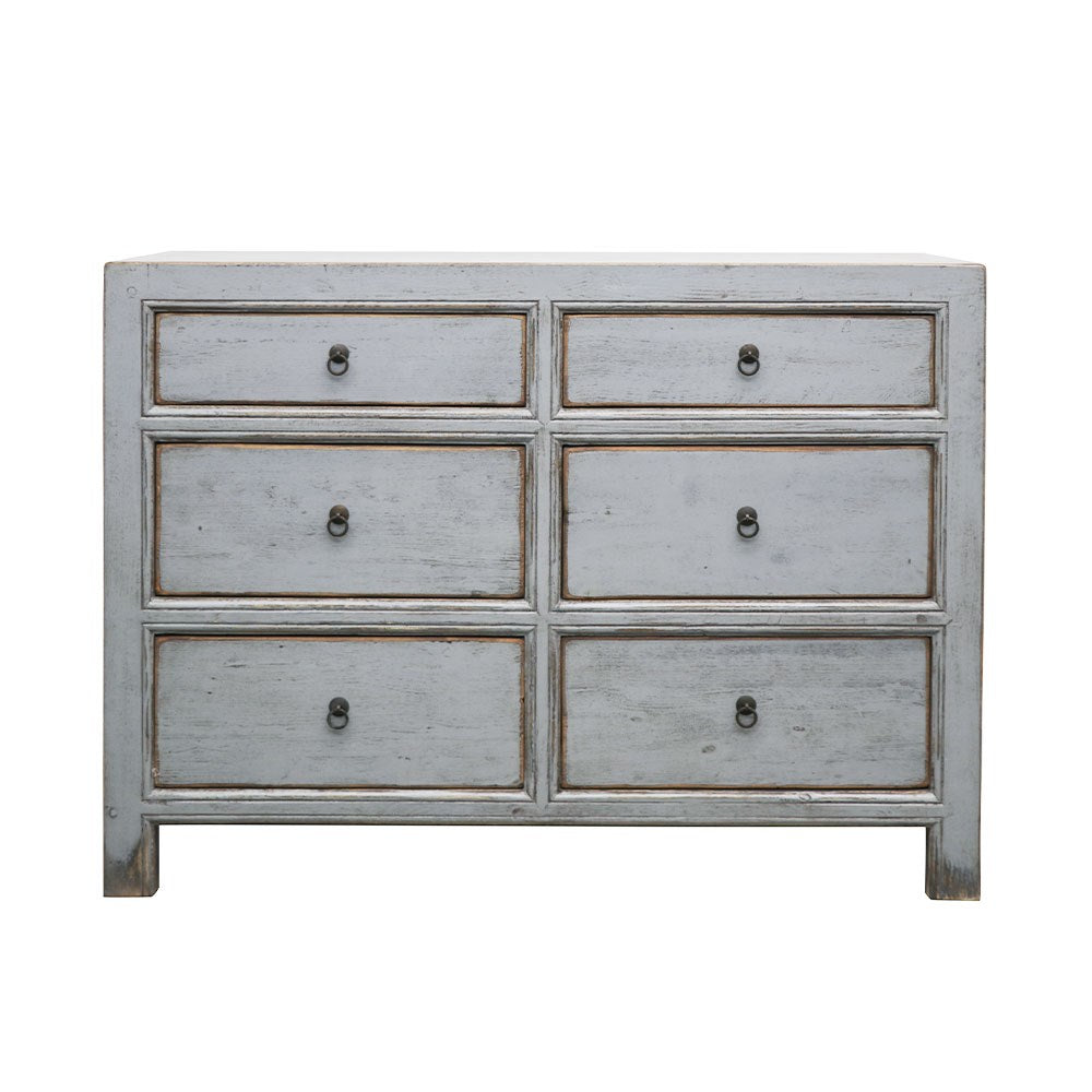 Oriental Painted Dresser 6 Drawer Vintage Grey