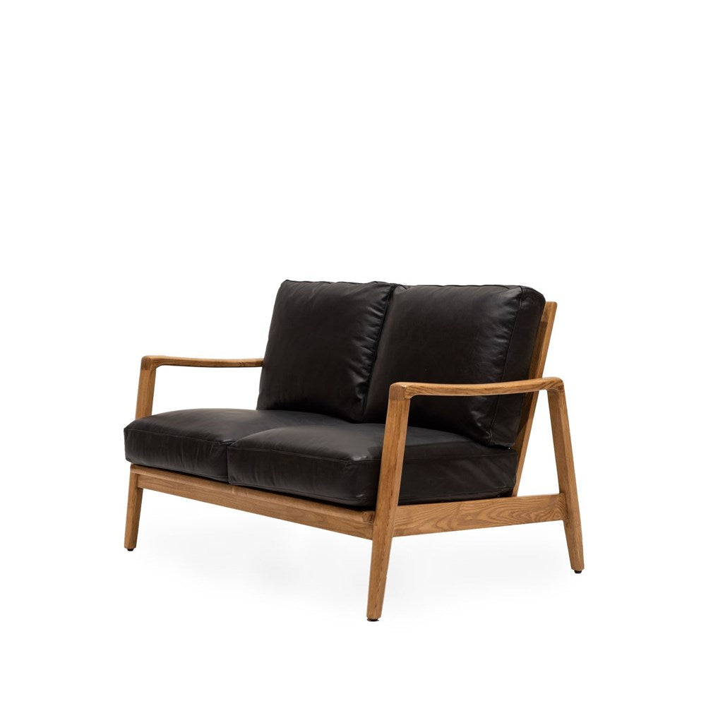 Reid 2 Seater Sofa - Black Leather - Natural Frame
