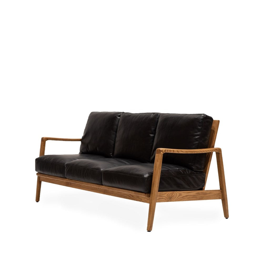 Reid 3 Seater Sofa - Black Leather, Natural Frame
