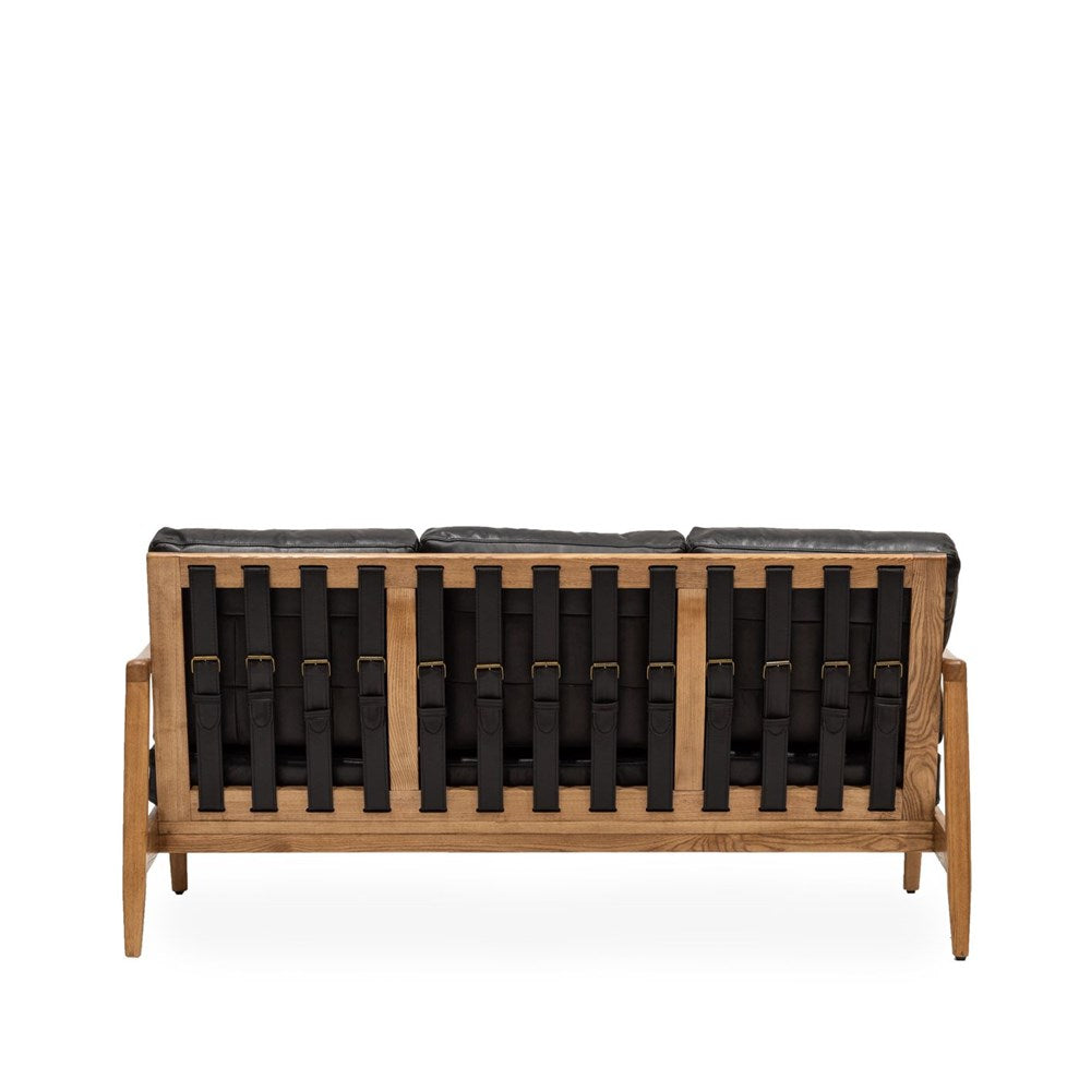Reid 3 Seater Sofa - Black Leather, Natural Frame